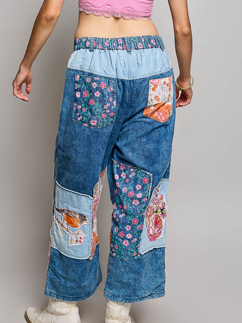 POL Denim Stretchy Waist Heart Birds Love Graphic Patchwork Wide leg Pants - Picture 9 of 9